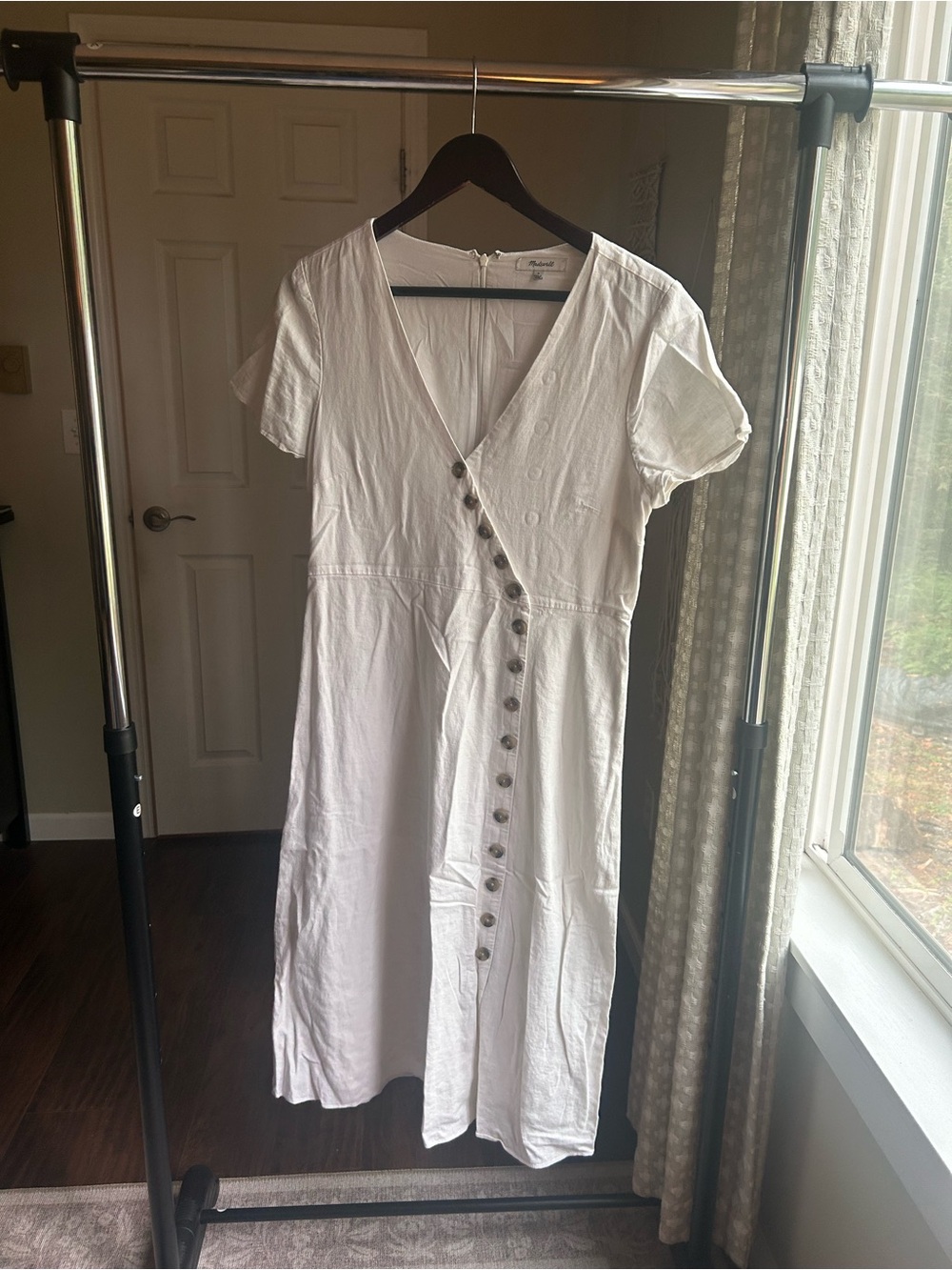 Madewell White Button-Front V-Neck Linen Midi Dress size 8